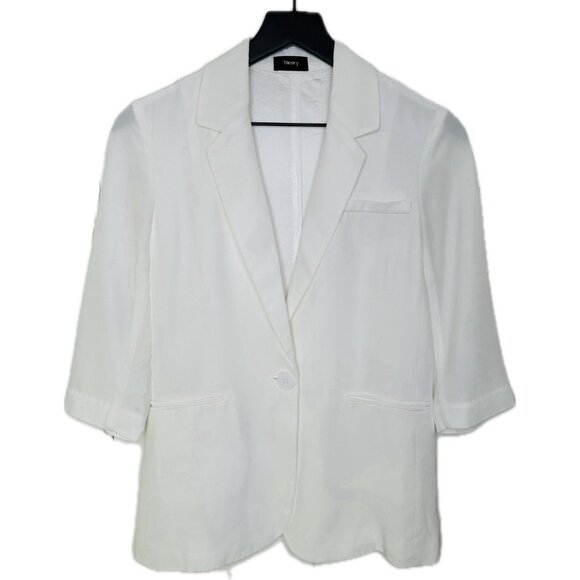 Theory White Blazer Jacket Women’s 3/4 Sleeve One Button Career Work Size 2 XS - Picture 2 of 9
